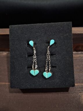 Turquoise Heart Dangle Earrings Sterling Silver .925 Chain Drop Boho Southwest